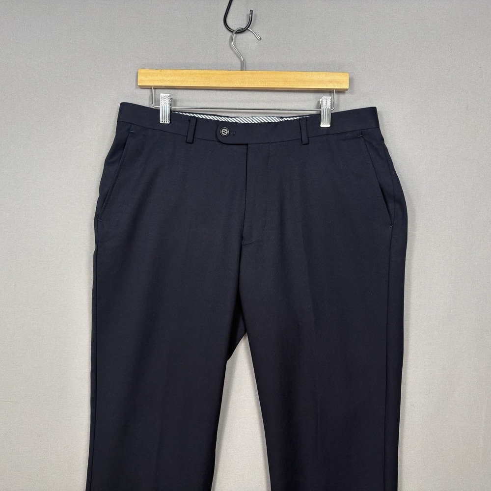 Charles Tyrwhitt Mens Slim Fit Dress Pants 34x30 Navy Blue Wool Flat Trousers